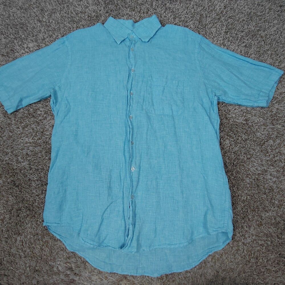 Hagen Carmel 100% Linen Shirt Mens Large Blue White Pocket Classic Fit S/S